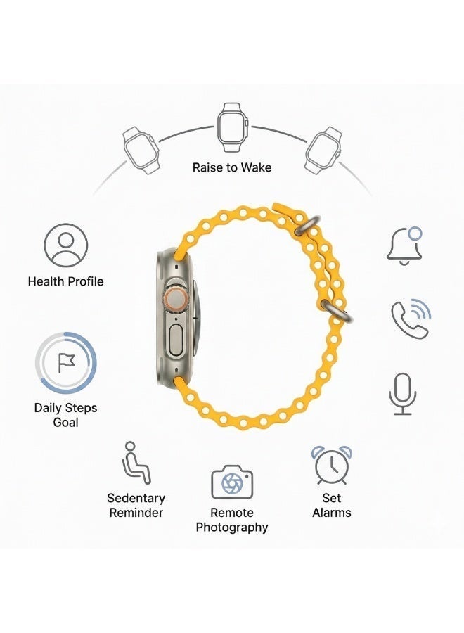 AREX T900 Ultra 2 Smartwatch 2.20 inch Display with 3-5 Day Battery Life & Bluetooth Calls - Rugged Fitness Tracker with Heart Rate, SpO2 & Sleep Monitoring, Multi-Sport Modes, Message Notifications - Series 9 Style Fitness Watch 49mm Titanium Alloy Case with Yellow Silicone Ocean Band - Image 3